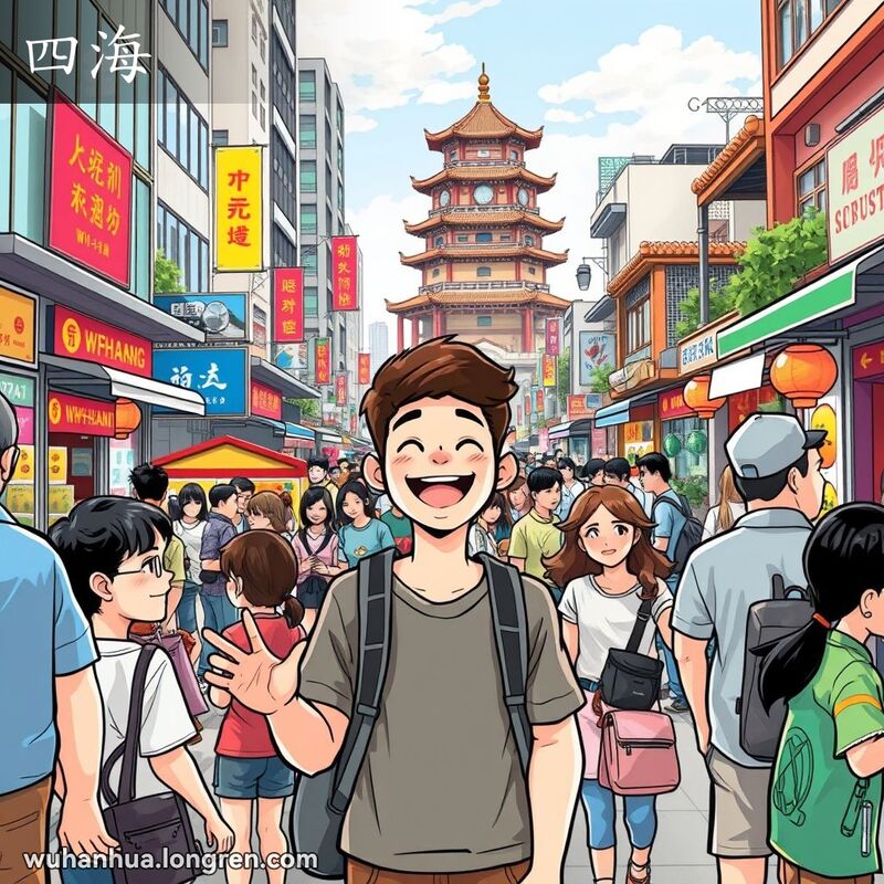 一位活泼开朗的武汉年轻人在街头与人交流，背景是武汉的街景和黄鹤楼