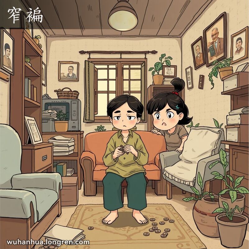 一位妇女在狭小的武汉老房子客厅里，手攥硬币，脸上露出忧虑的表情，体现“窄褊”的生活状态。