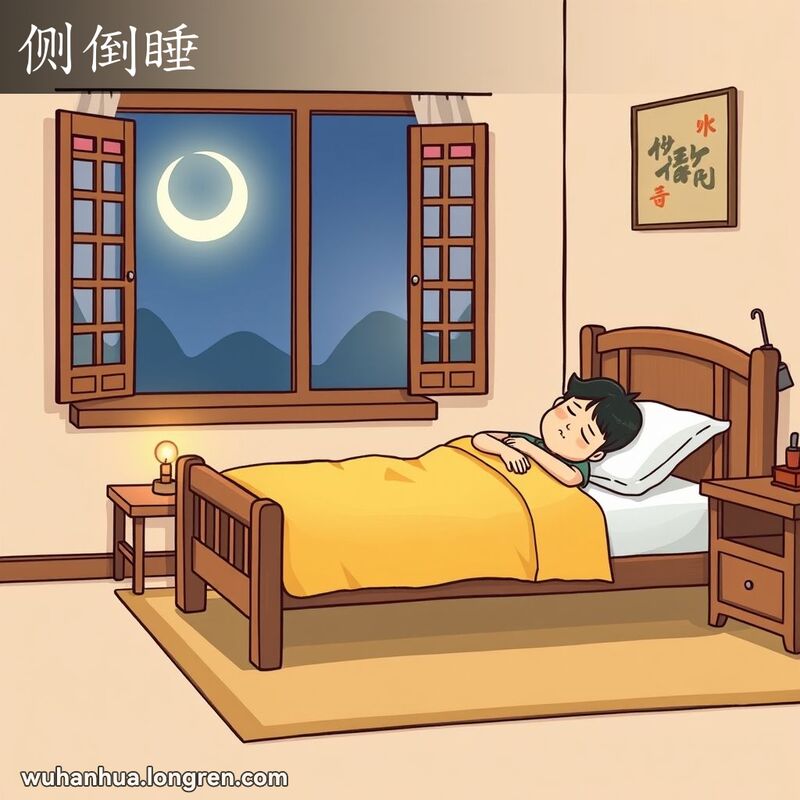一个人侧身躺在床上睡觉，房间温馨，窗外夜空宁静