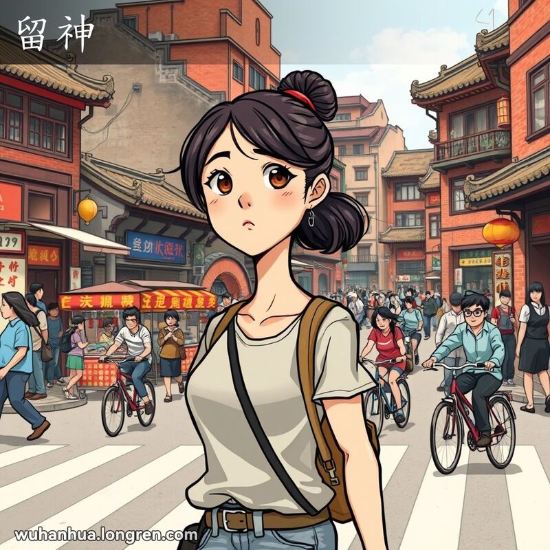 一位年轻女子在武汉街头过马路，表情专注警觉，背景是武汉老街景