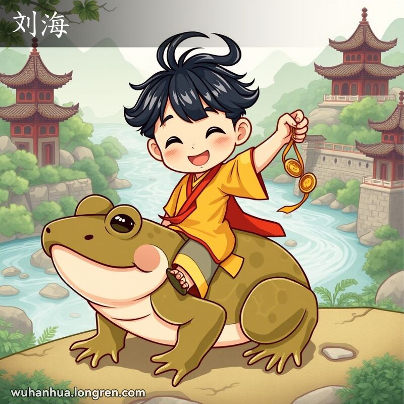 中国神话仙童刘海手舞钱串，骑蟾蜍，背景为古典中国风景