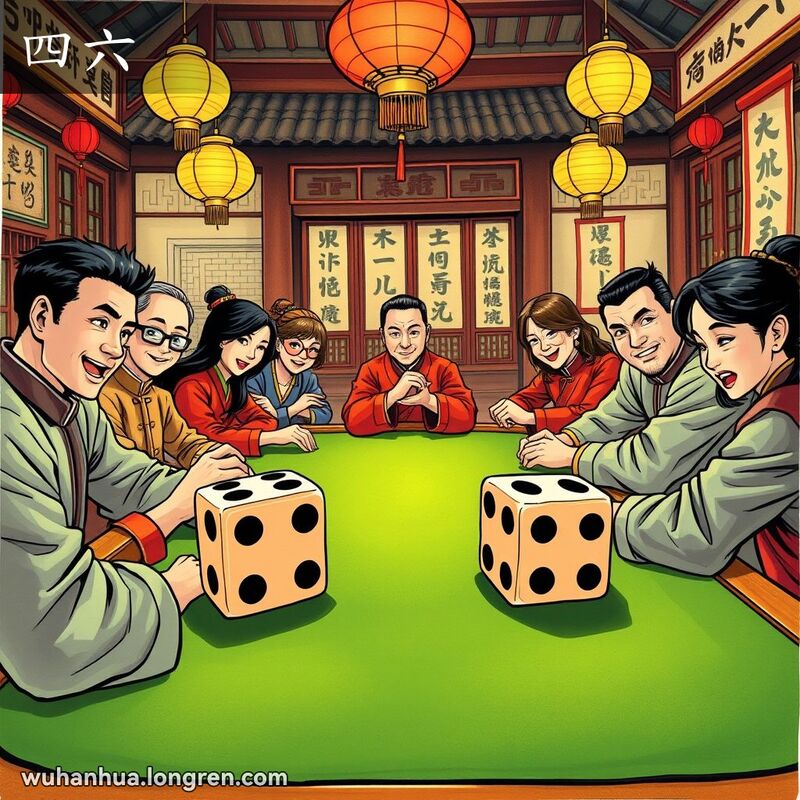 一群武汉市民在老茶馆里玩牌九，桌子中央展示了一对骰子，一颗四点，一颗六点，背景有传统中国装饰。