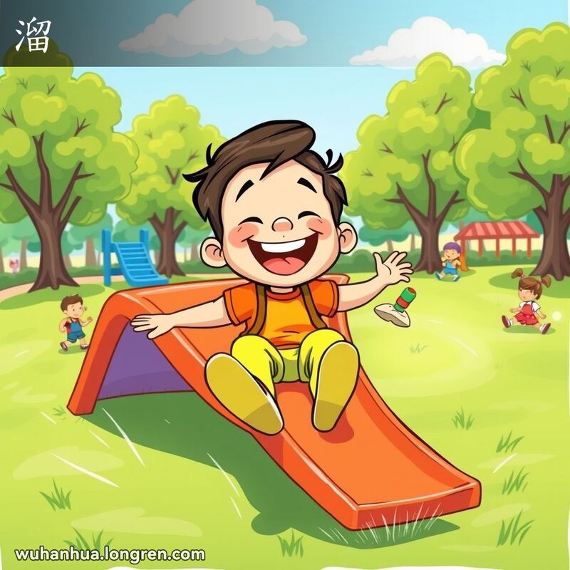 一个孩子在滑梯上滑下，脸上带着大大的笑容，享受着滑行的乐趣，背景是一个充满活力的公园。