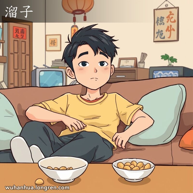 一位懒散的年轻人躺在武汉客厅沙发上，旁边有吃了一半的零食，背景是温馨但略显凌乱的房间。