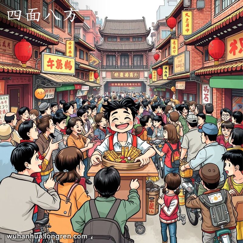 武汉传统市场，四面八方的人们围绕着小吃摊，背景有老建筑和红砖墙，画面充满活力。