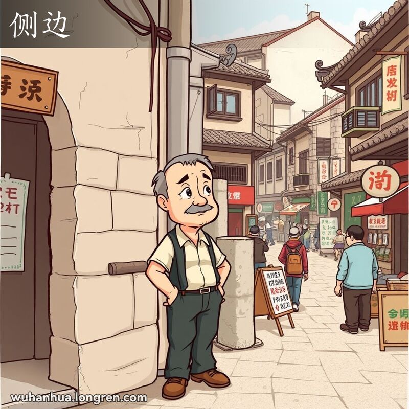 一位中年男子站在武汉老街房子的侧边，注视着石头砌成的侧墙，背景是热闹的市场