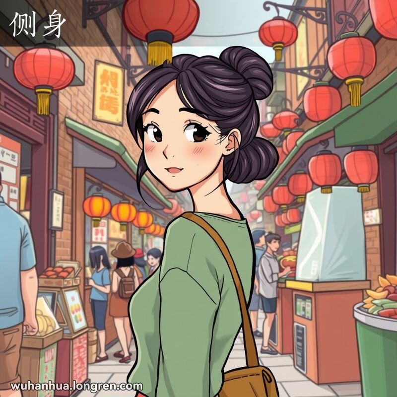 一位武汉年轻女子在街市中侧身站立，背景是武汉老街景
