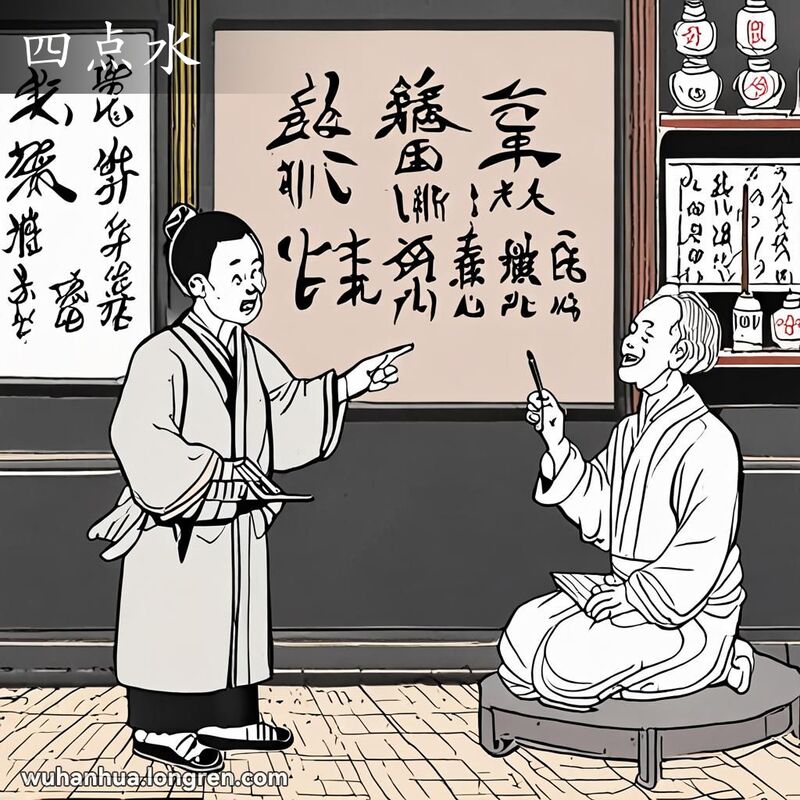书法课堂上，老师教学生写带有“四点水”偏旁的汉字，背景有传统书法工具。