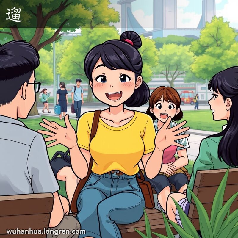 一群朋友在武汉公园长椅上闲聊，一位年轻女性正热情地复述故事，背景是绿意盎然的公园和长江。
