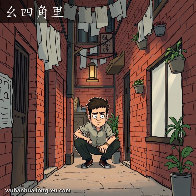 一位男子躲在武汉老街巷的隐蔽角落里，试图不被发现，背景是红砖墙和小店铺