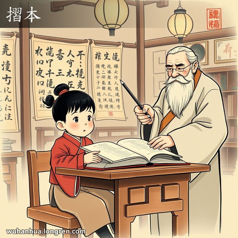 一位年轻学生在旧时私塾教室里背诵书本，老师站在一旁，背景有书法卷轴和古典灯笼