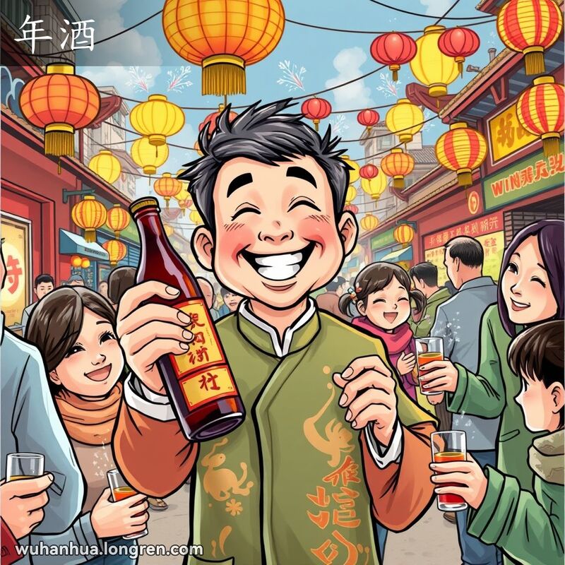 武汉市民在春节期间手持年酒，背景有彩灯、鞭炮和欢庆的人群，画面充满节日氛围