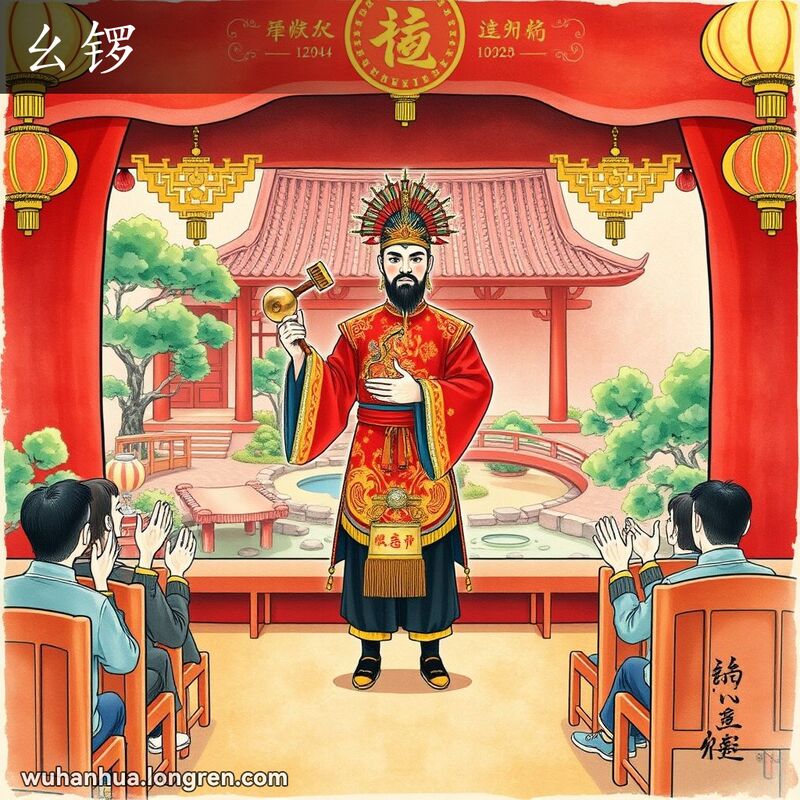 一位传统戏曲演员在舞台上敲击小锣，背景是中国园林景观，观众热烈鼓掌