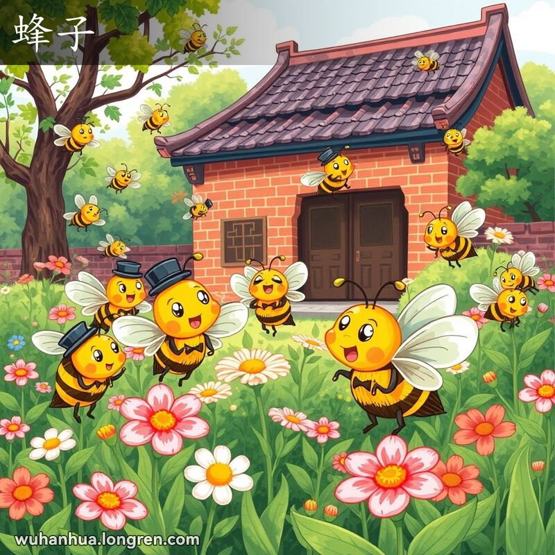 一群蜜蜂在花园中忙碌，背景是武汉老房子和绿植，画面充满生机和地方文化