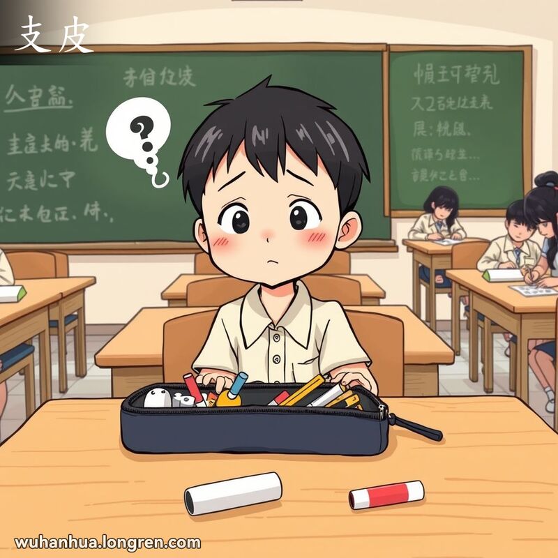 一个学生在教室里寻找橡皮擦，铅笔盒打开，里面没有橡皮擦，学生露出困惑的表情