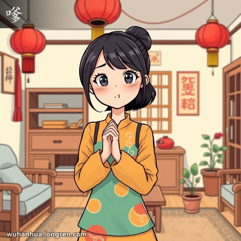 一位年轻的武汉女子在客厅中撒娇，背景有红灯笼和木质家具