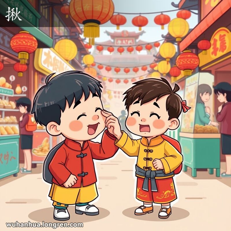 一个小男孩在武汉街头市场上揪着另一个孩子的鼻子，背景是热闹的市场摊位和传统装饰。