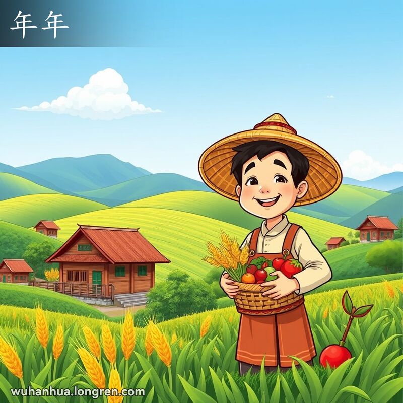 一个戴草帽的农民站在丰收的田野中，手持装满新鲜收获的篮子，背景是绿油油的田野和连绵的山丘。