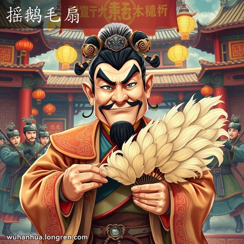 一个狡猾的军师在戏曲舞台上手持羽扇，背景有士兵和其他角色在表演，营造出浓厚的戏曲氛围。
