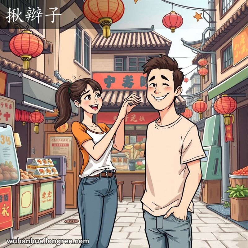 一位武汉妇女在街边小店前揪着她兄弟的辫子，兄弟露出友好的笑容，背景是武汉的传统街景。