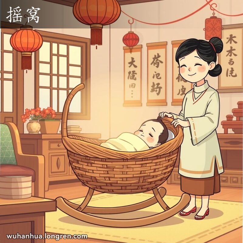 一位母亲在传统中式家庭场景中轻轻摇动婴儿摇窝，婴儿在摇窝中安详地睡觉，背景有红灯笼和书法挂轴。