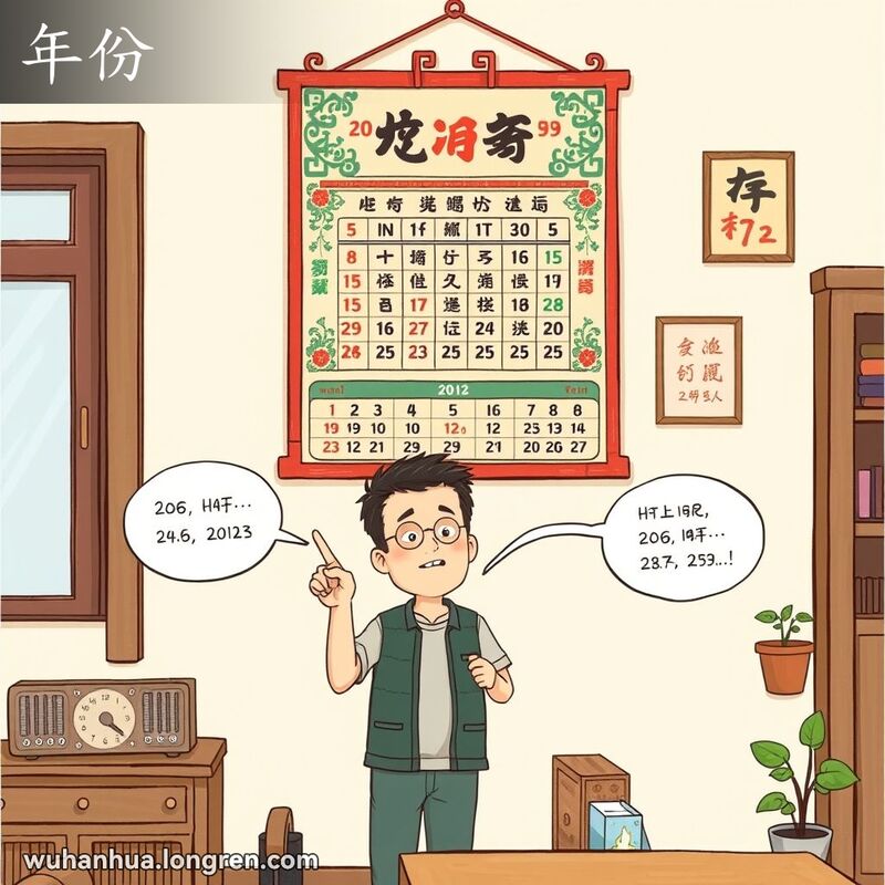 一位武汉市民站在挂历前，指着两个不同的日期，表情若有所思，背景是武汉家庭场景
