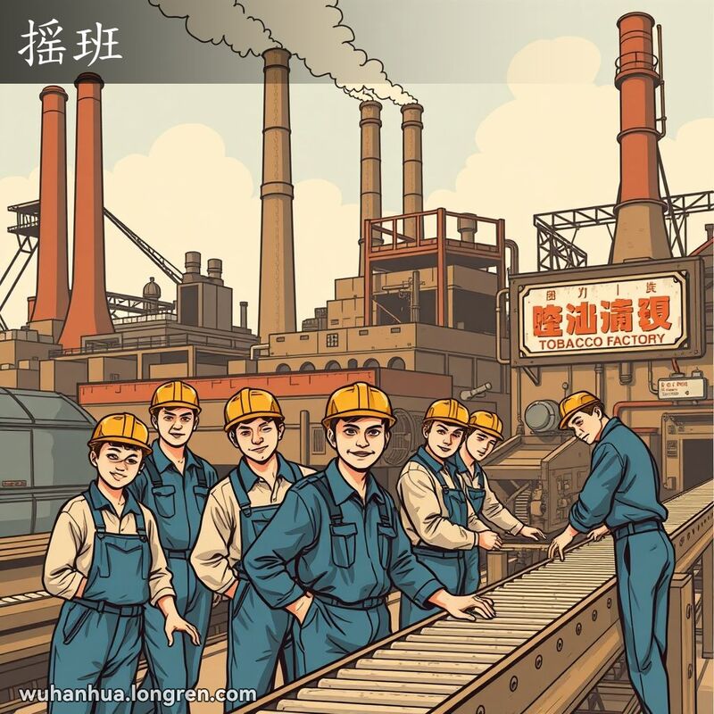 一群穿着蓝色工作服的工人在老式工厂中忙碌工作，背景有香烟厂和蛋厂的招牌