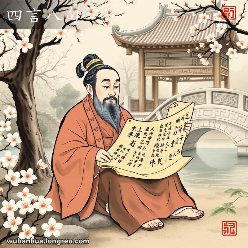 一位古代学者在园林中手持卷轴诵读诗歌，背景是中国古典园林