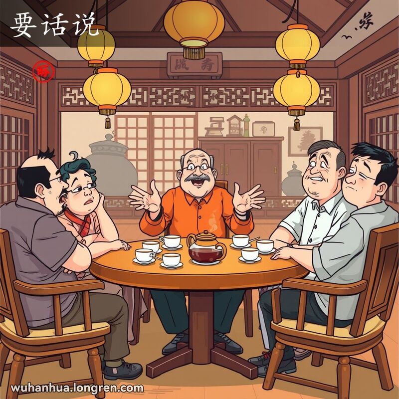 一群朋友在武汉茶馆内，主角讲话时手舞足蹈，朋友们显得疲惫，背景有传统茶具和灯笼