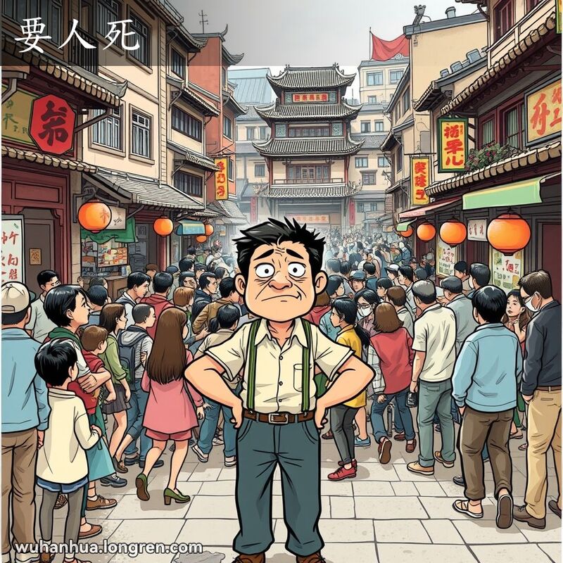 一条热闹的武汉老街，街道上人来人往，一群人围绕着一场混乱的情景，主角露出沮丧和无奈的表情，背景有老建筑和小摊贩。