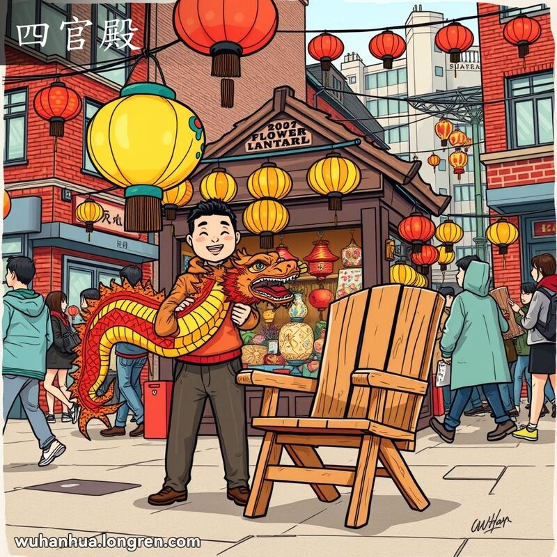 武汉街头花灯节，艺人手持龙形花灯，背景是传统与现代建筑混合的街景，一把象征‘四官殿’风格的木椅放在店前。