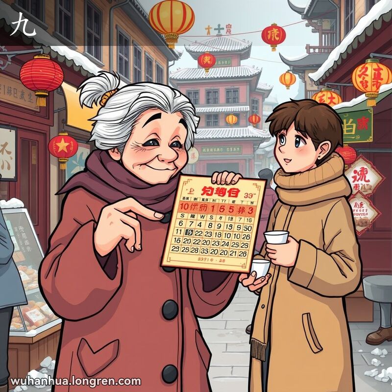 武汉冬季街市，老妇人手持农历解释“九”的意义，背景有摊贩和节日装饰
