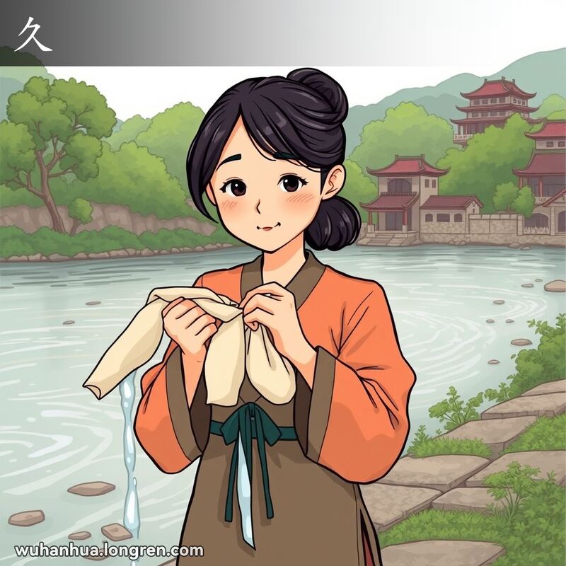 一位女子站在河边，双手拧着湿布，背景是宁静的河流和传统建筑