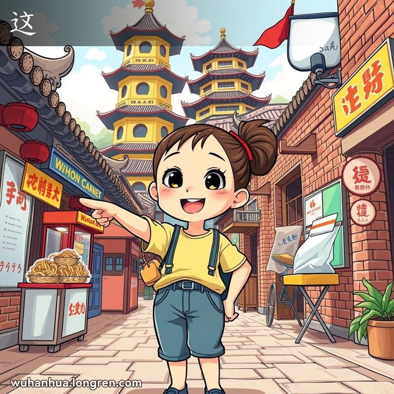 一位年轻女孩在武汉街头指着附近的物品，脸上带着好奇和兴奋的表情，背景有黄鹤楼和街边摊贩。