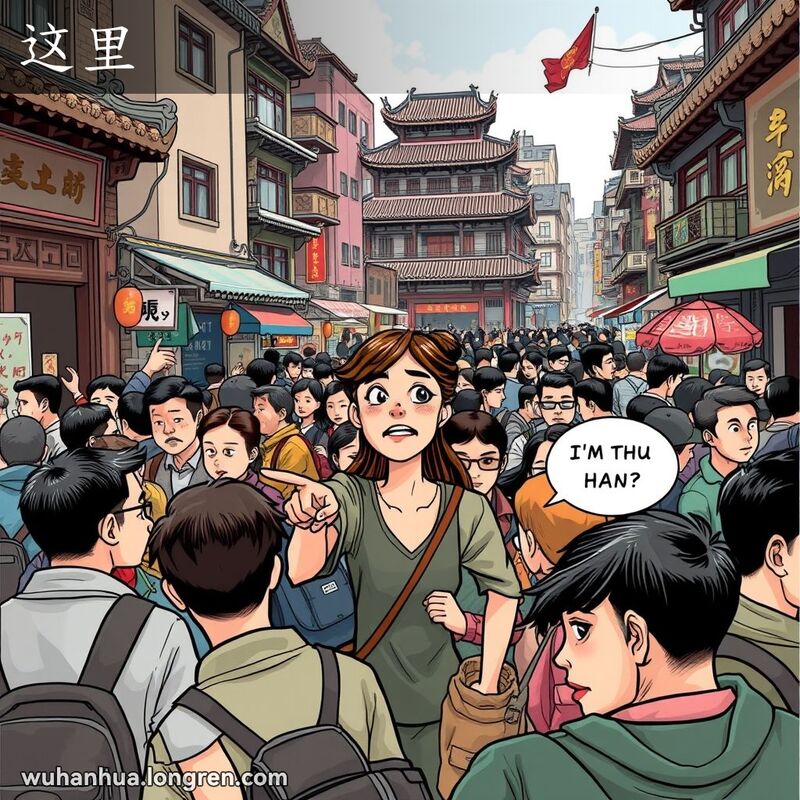 武汉街道人群拥挤，一位女士指着她所站的地方，脸上带着沮丧的表情，背景是老建筑和小摊贩