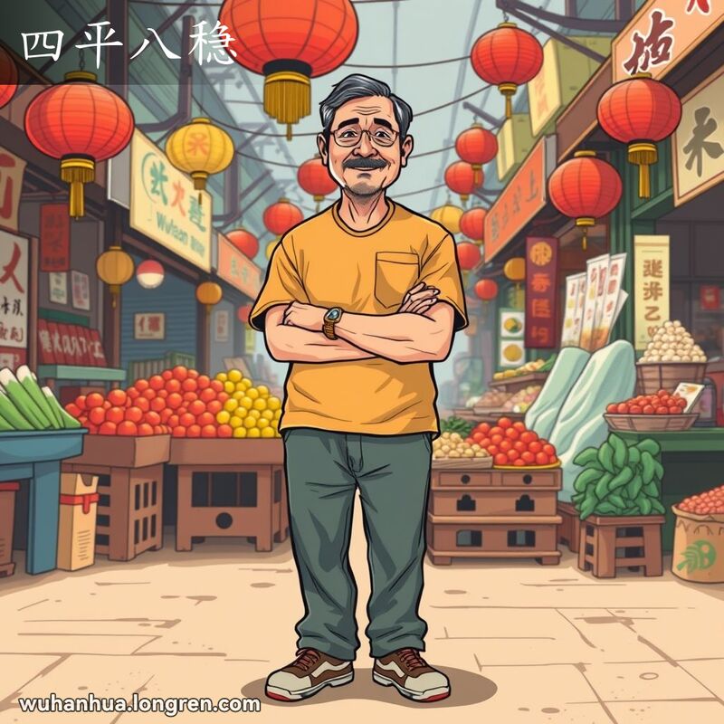 一位中年武汉男子站在热闹的市场中，双脚稳稳地站在地面上，双臂交叉，脸上带着平静而自信的表情，体现了“四平八稳”的意思。