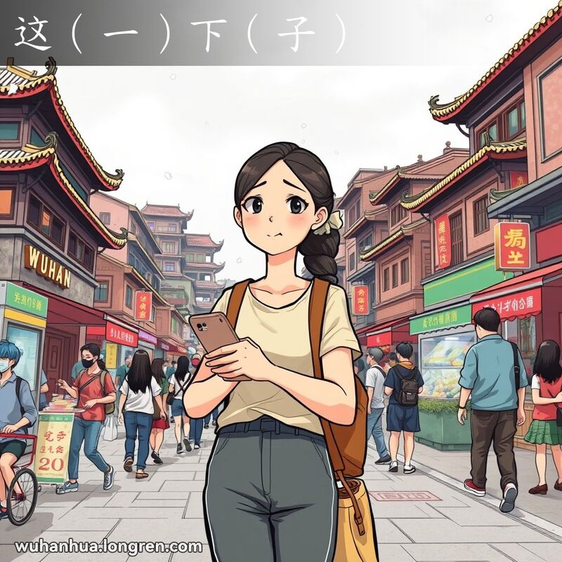 一位年轻女性站在武汉街头，低头看表，神情焦虑，背景是老街与新建筑交织的景象，天空飘着雪花