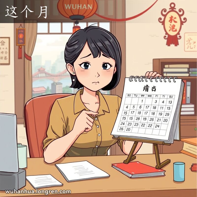 一位武汉女子坐在办公桌前，手持日历指着当月的日期，脸上带着担忧的表情，背景是武汉办公环境和长江景色