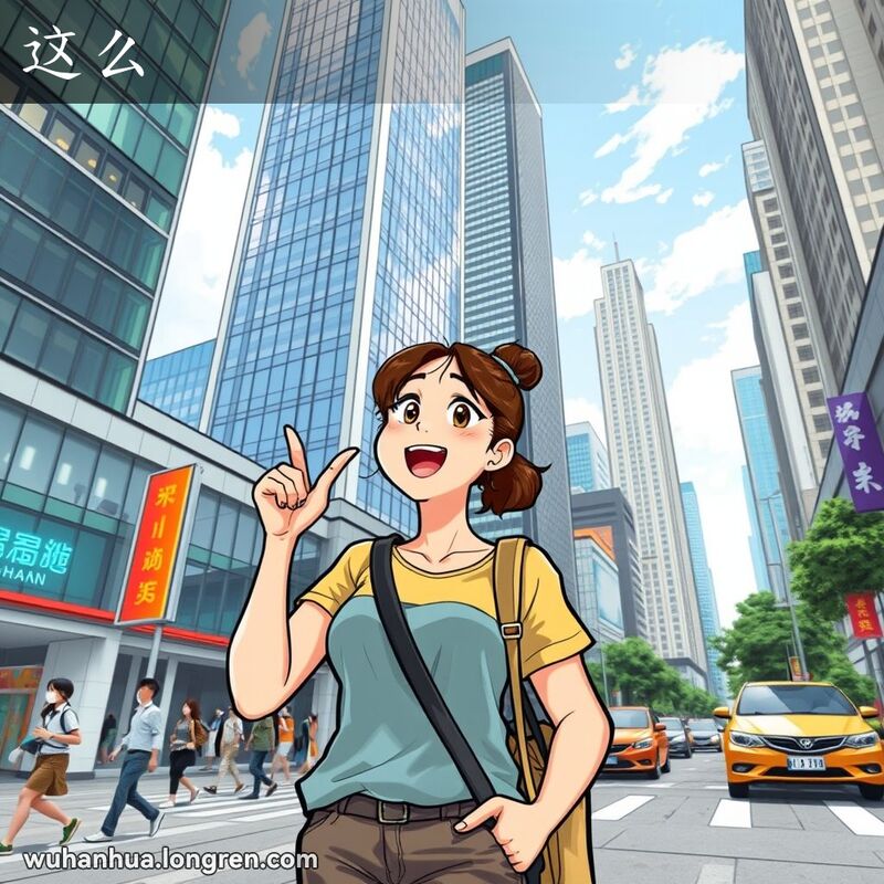 一位武汉女子站在高楼前，仰望高楼露出惊讶表情，背景是繁忙的城市街道