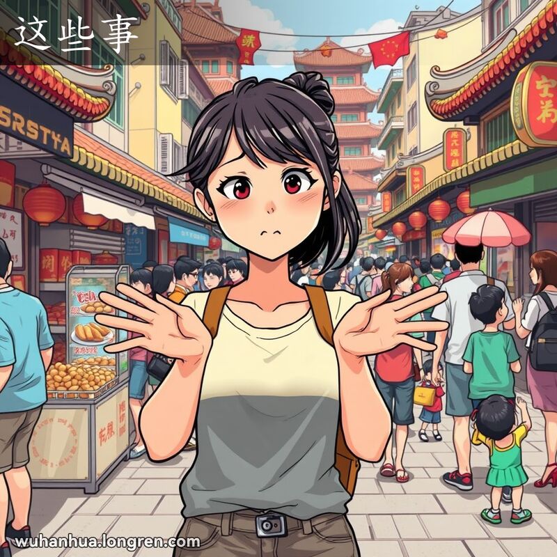 一位年轻女子在武汉街头，对周围的各种活动表现出不屑一顾的表情和手势。