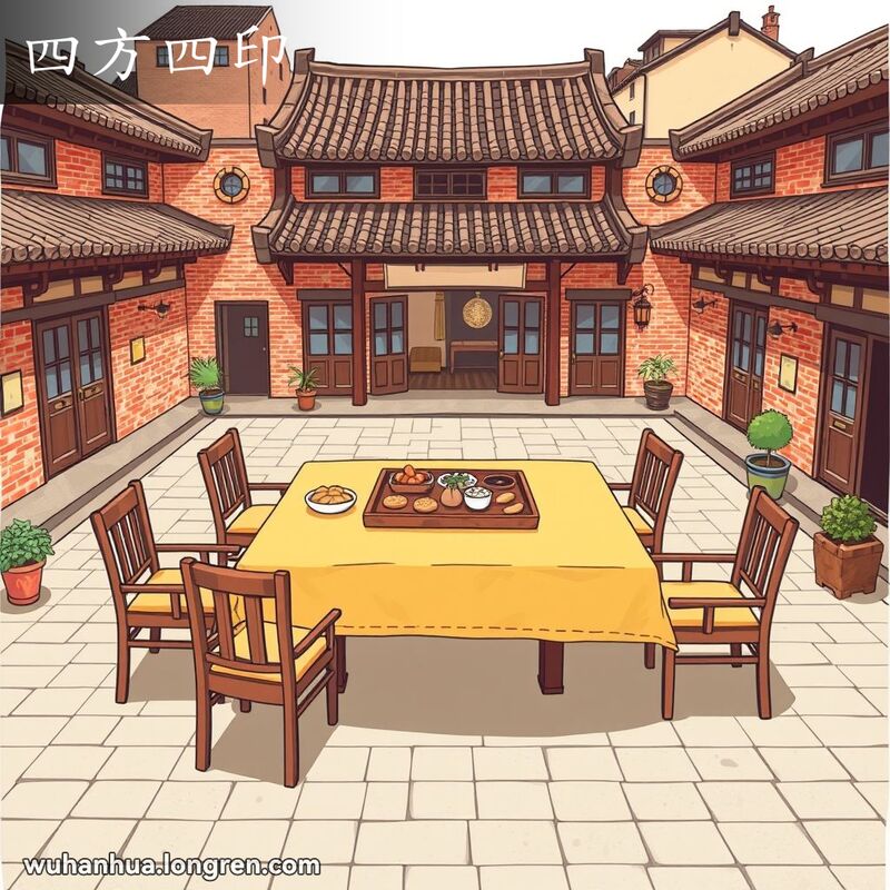 一个传统的武汉庭院，中央摆放着一张方桌，桌子周围整齐地放置着四把椅子，桌布和托盘都是方形的，托盘上有四个方形盘子，背景有灯笼和盆栽。