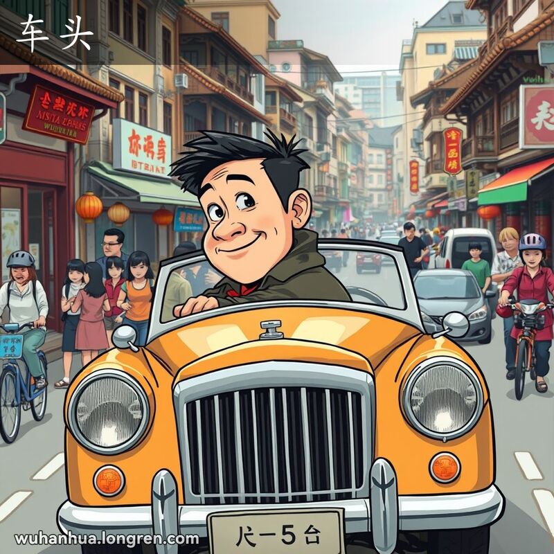 一位武汉男子驾驶老式汽车，车头设计独特，车主回头张望，背景是繁忙的武汉街道