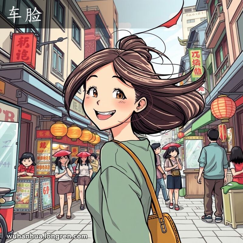 一位年轻女性在武汉街头快速转头，表情生动，背景是繁忙的街道和老式建筑