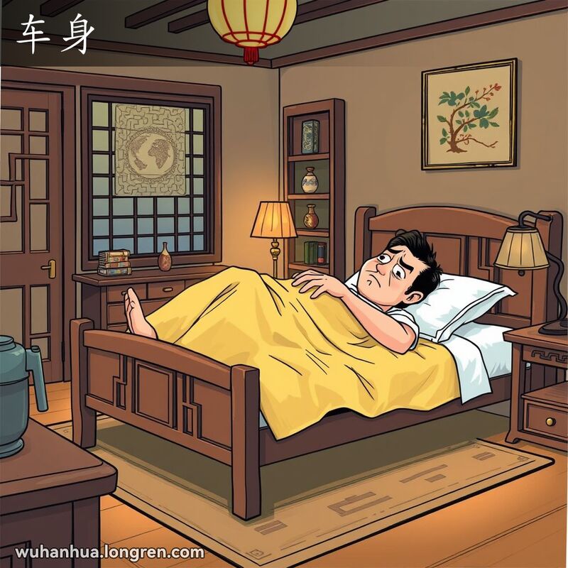 一个人在传统中式卧室的床上试图翻身，表情略显挫败，房间昏暗，床头灯发出柔和的光芒。