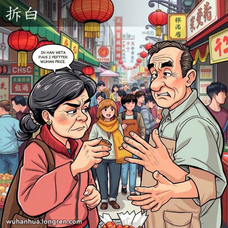 一位中年妇女在武汉街头市场上与摊贩讨价还价，背景是繁忙的市场和传统中国元素。