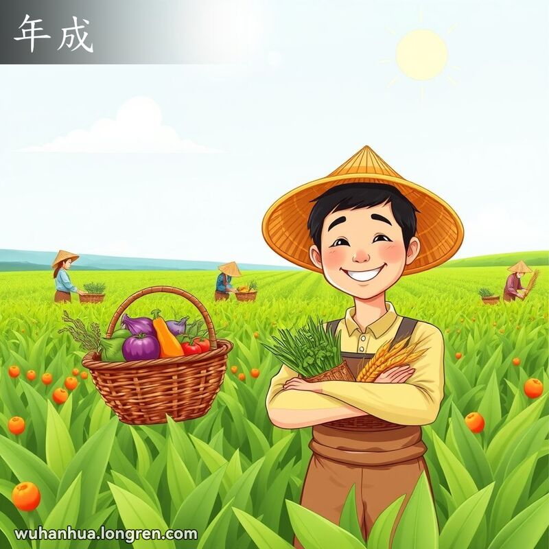农民站在丰收的农田前，手持装满新鲜蔬菜和粮食的篮子，脸上洋溢着自豪的笑容，背景是丰收的农田和其他劳作的农民