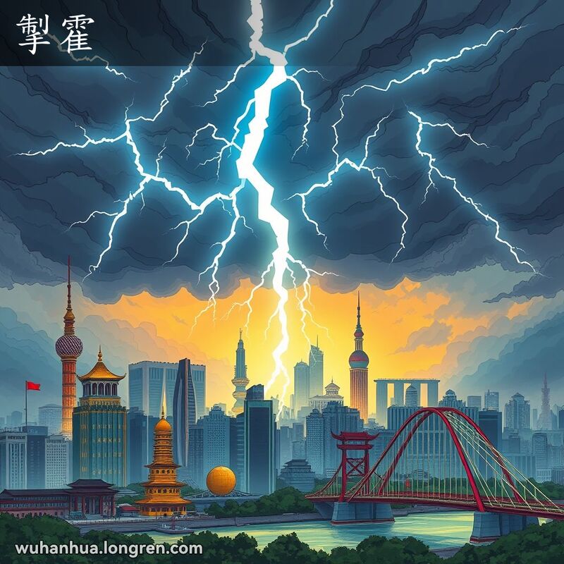 武汉市区的雷电现象，闪电从乌云中劈下，背景是黄鹤楼和长江大桥