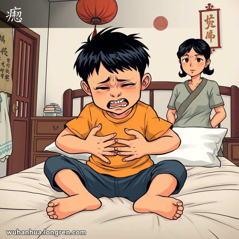 一个小男孩坐在床上，双手捂着肚子，面部因疼痛而扭曲，身体明显抽搐和颤动，母亲站在旁边，面露担忧和关切之情。