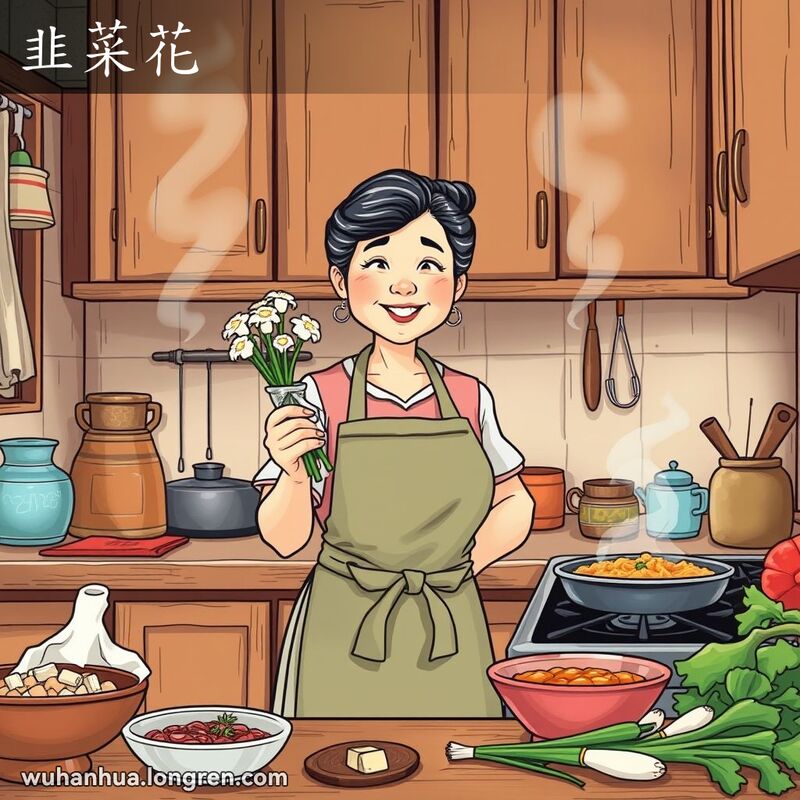 一位中年妇女在传统武汉厨房中手持韭菜花准备烹饪，厨房充满家常菜香气