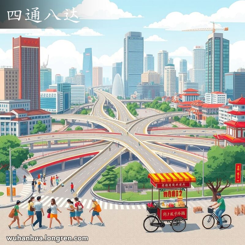 武汉市繁忙的十字路口，多条道路交汇，象征着“四通八达”，背景有高楼大厦和新旧建筑，前景有行人和自行车。